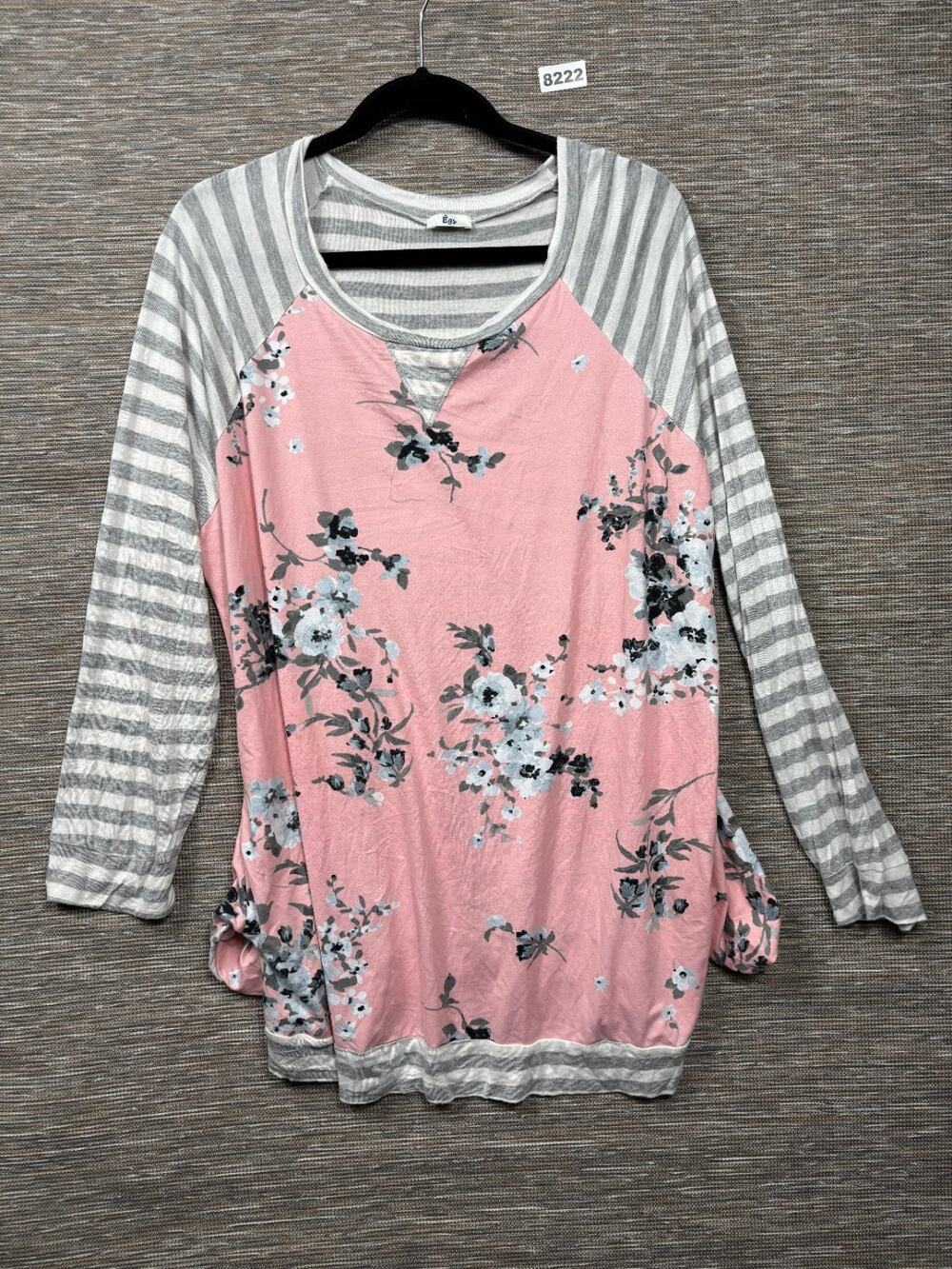 Egs Floral Tunic Top Women’s Size 1XL Pink Whit Gray Striped Long Sleeve